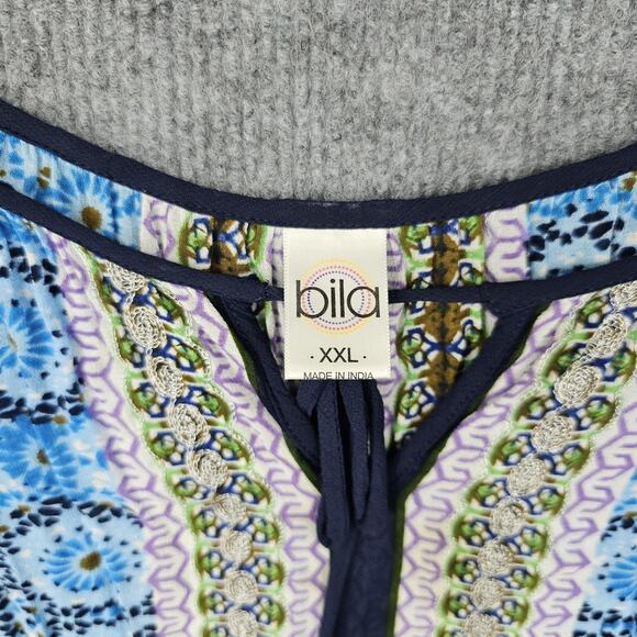 Bila Shirt Womens XXL Blue Boho Floral Tassel Peasant Rayon Coastal Light 70s - Picture 2 of 6